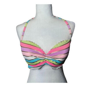 Victoria Secret Halter Bikini Swim Top 34D Striped Underwire Padded Rainbow